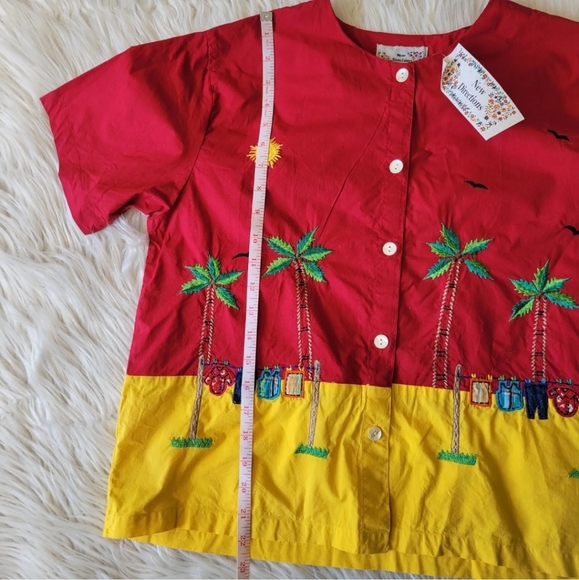 Shirt Shorts Set Embroidered Yellow Red Sz M Women Palm Tree Vacation Tropical - Picture 6 of 12